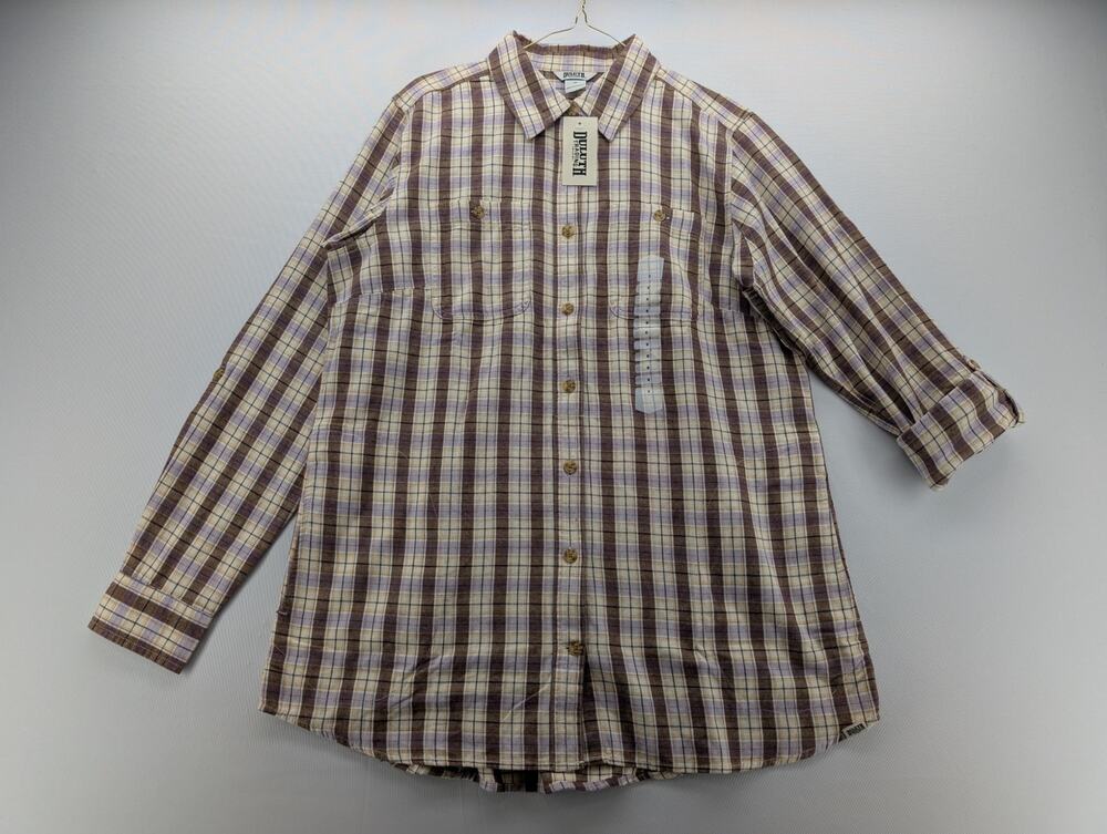 NWT Duluth Trading Co Women's Free Swingin' Flannel Tunic in Purple/White sz Med